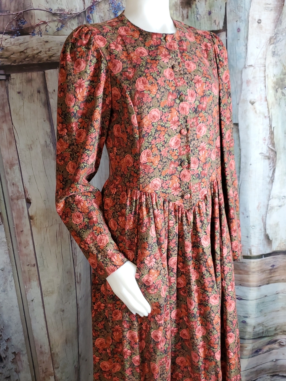 Laura Ashley Dress 8 Cotton Wool Challis Floral Long Sleeves Roses